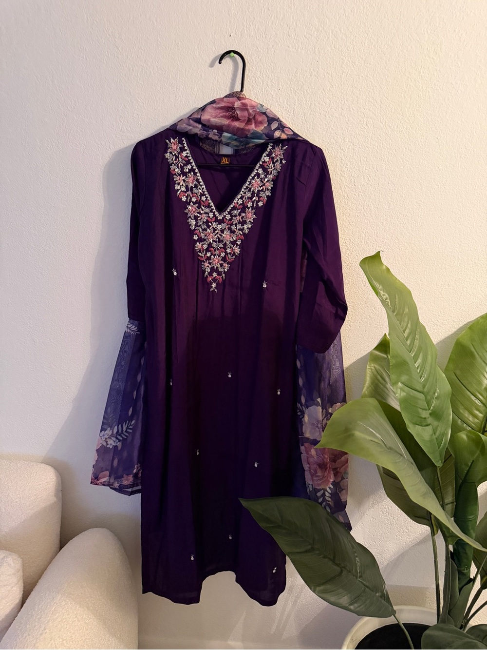 Purple Embroidered V-Neck Women's Kurtha